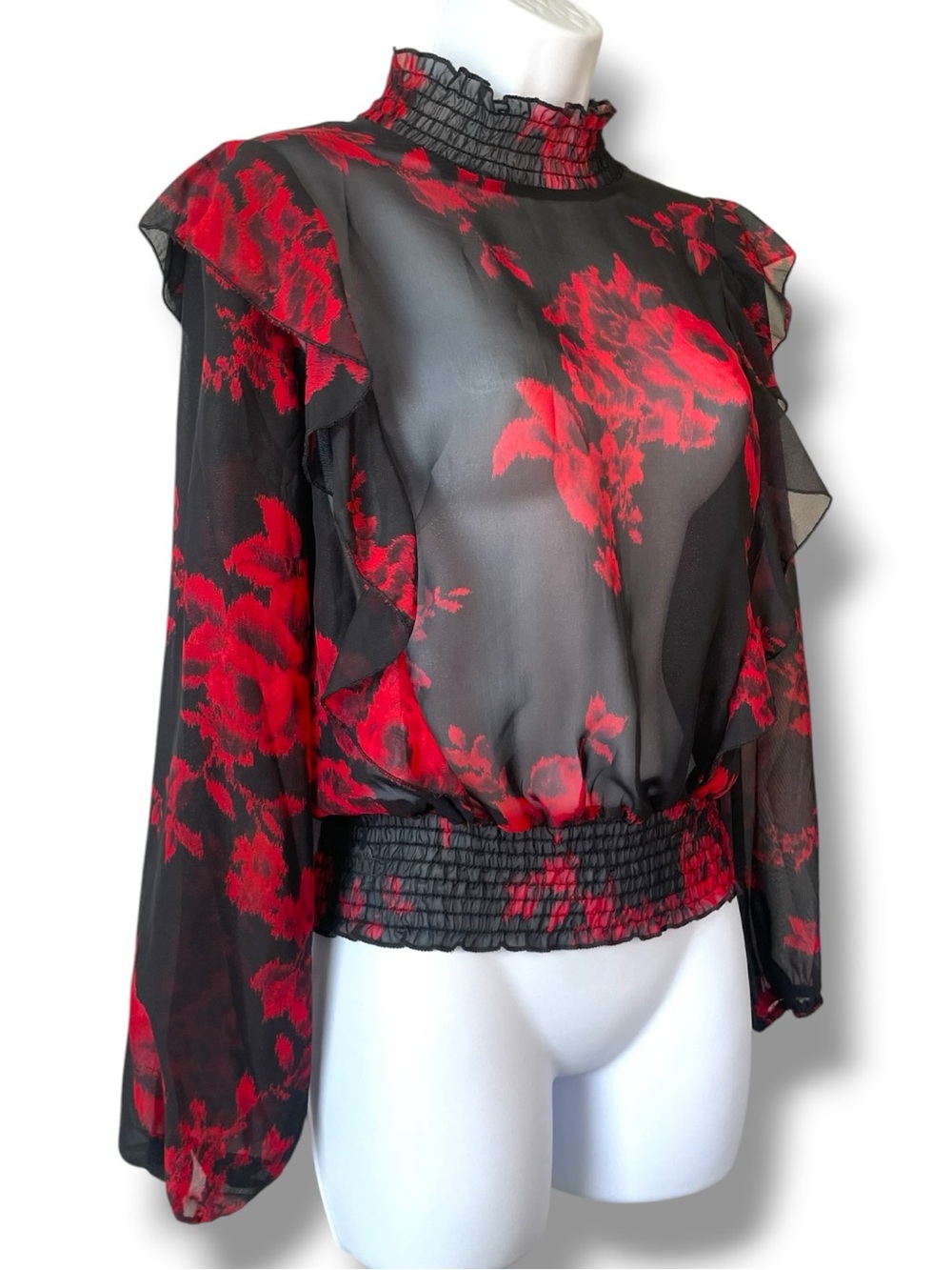 Sheer Floral Smocked Blouse Black Red Romantic Goth Cottagecore Top - L.I.F.E - Picture 5 of 8